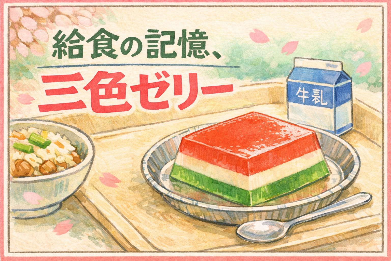 給食の三色ゼリーと牛乳、スプーンの手書きイラスト