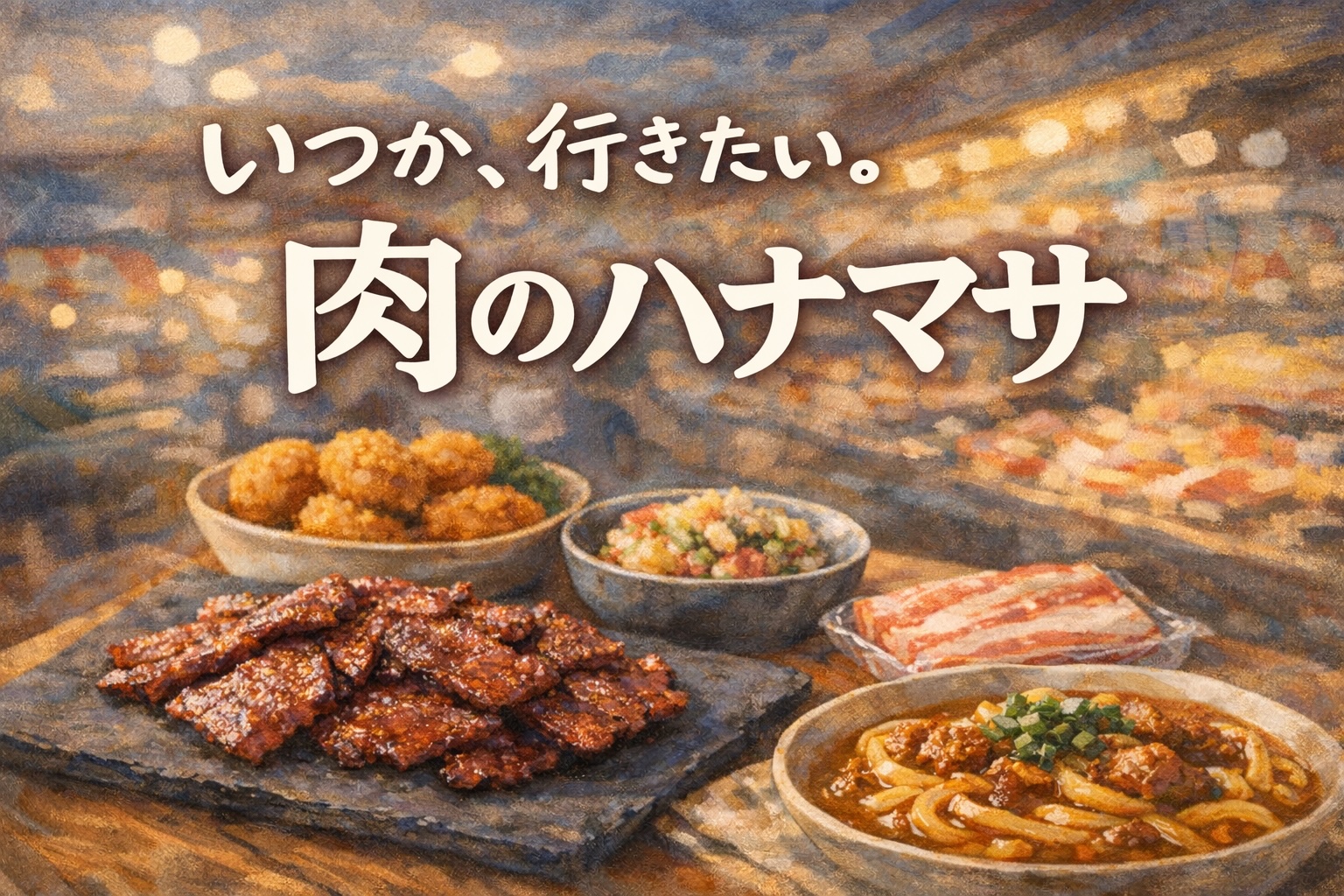 絵画風の店内背景に「いつか、行きたい。肉のハナマサ」と大きく書かれ、イベリコ豚ジャーキーやカレーうどんなどの商品が並ぶアイキャッチ画像。