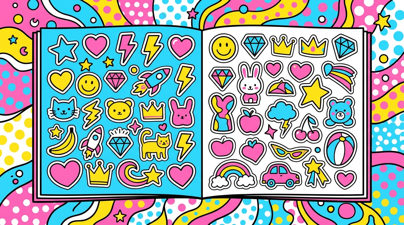 シールがたくさん貼られた開いたシール帳を描いたポップアート風イラスト
