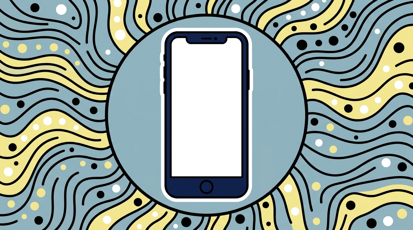 ネイビーのスマートフォンを水色の円の中に描いたポップアート風イラスト