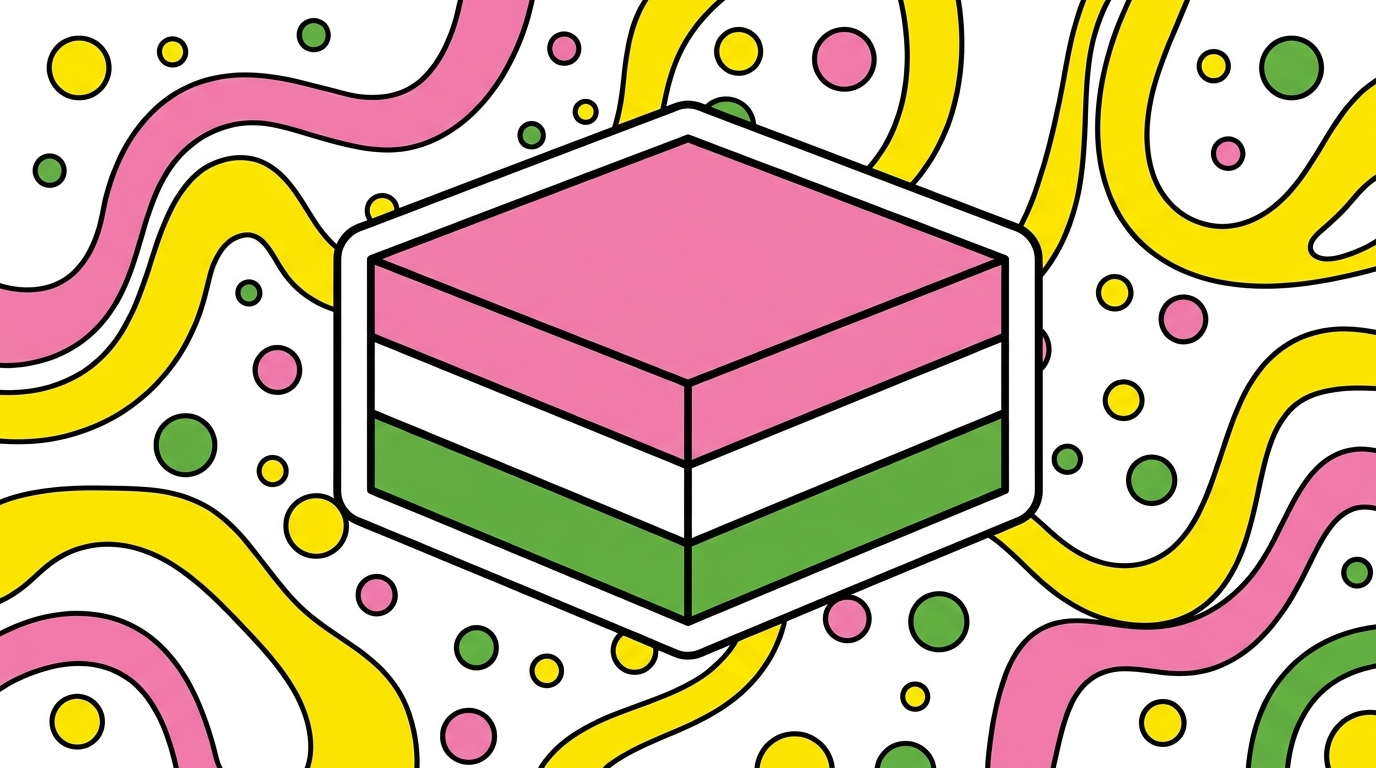 ピンク・白・緑の3層になった三色ゼリーを描いたポップアート風イラスト